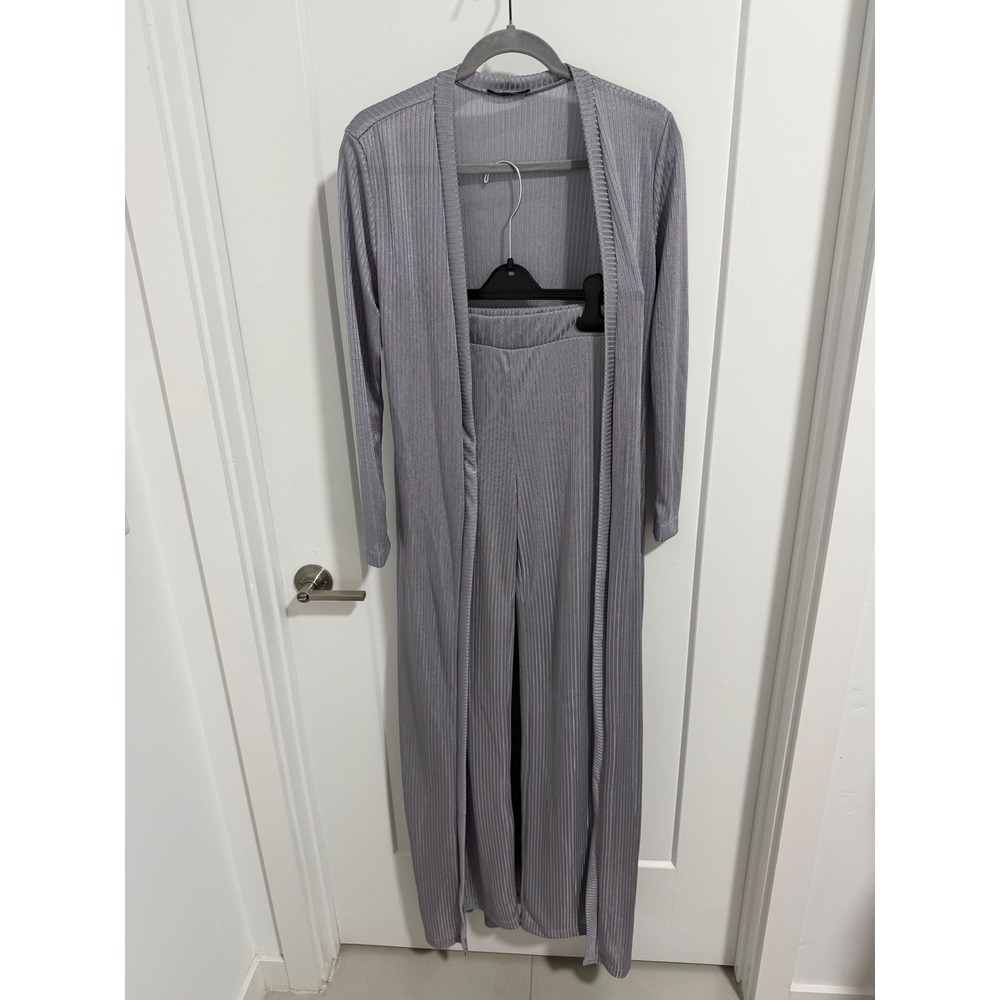 Women’s Long Ribbed Cardigan & Wide-Leg Pants Set - Gray